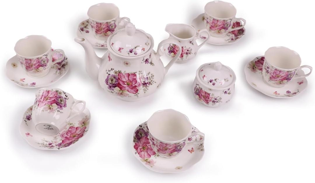 Guangyang 15pcs Porcelain Tea Sets 7 OZ Cups& Saucer Service for 6, with Teapot Sugar Bowl Cream Pitcher for Tea/Coffee