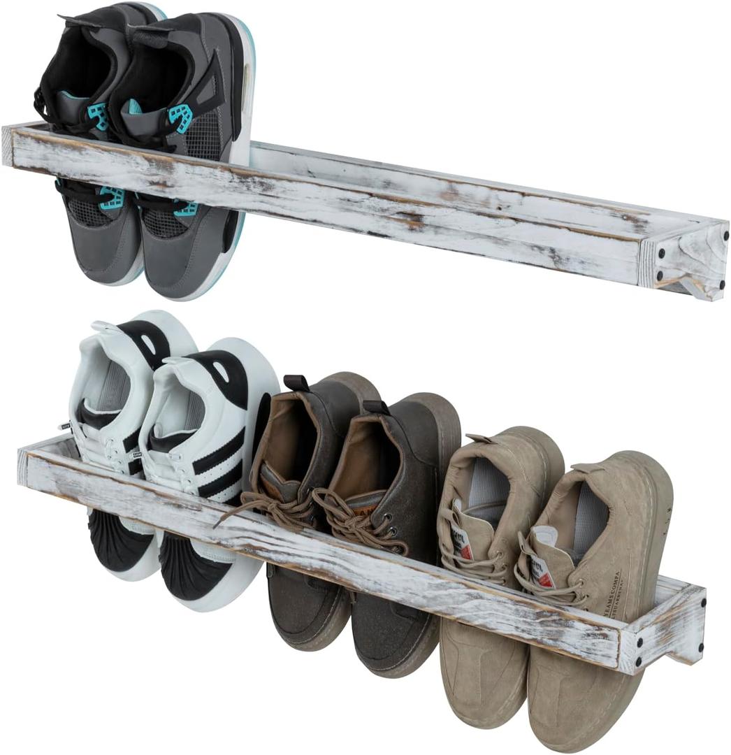 MyGift 30 Inch Shabby White Washed Solid Wood Wall Mounted Shoe Hanger Storage Rack, Hanging Shoes Organizer Shelf for Closet Mudroom Entryway, Set of 2 Holds 6 Pairs