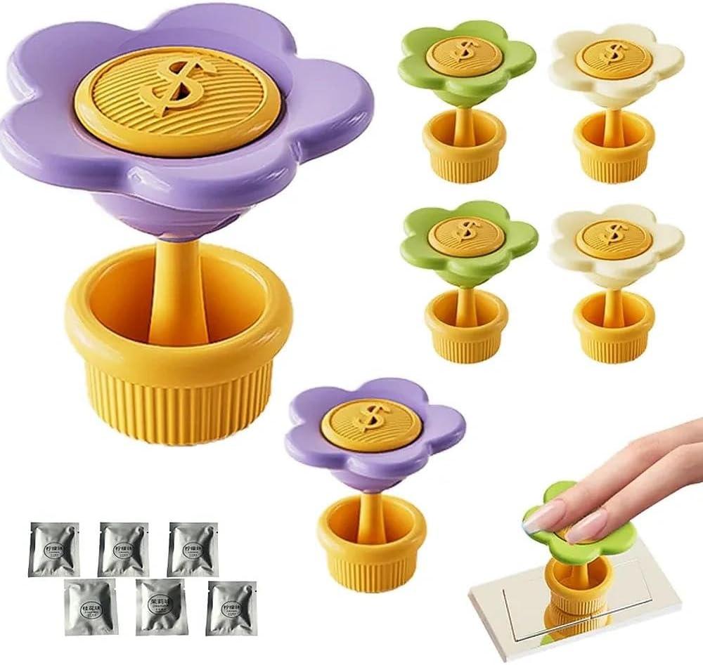 6 pcs Flower-Shaped Toilet Button Presser with Fragrant Tablets- Easy Pressing, Nail Protection, Bathroom Freshness