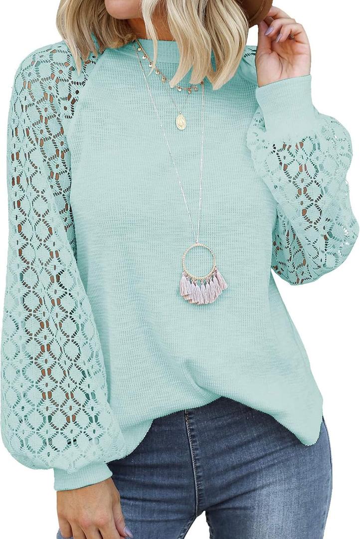 MIHOLL Women's Long Sleeve Tops Lace Casual Loose Blouses Shirts Dressy Outfits, Size Small
