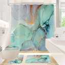 Gibelle 4 Pcs Shower Curtain Set with Non-Slip Rugs Toilet Lid Cover and Bath Mat, Green Marble Bathroom Decor Set with Accessories