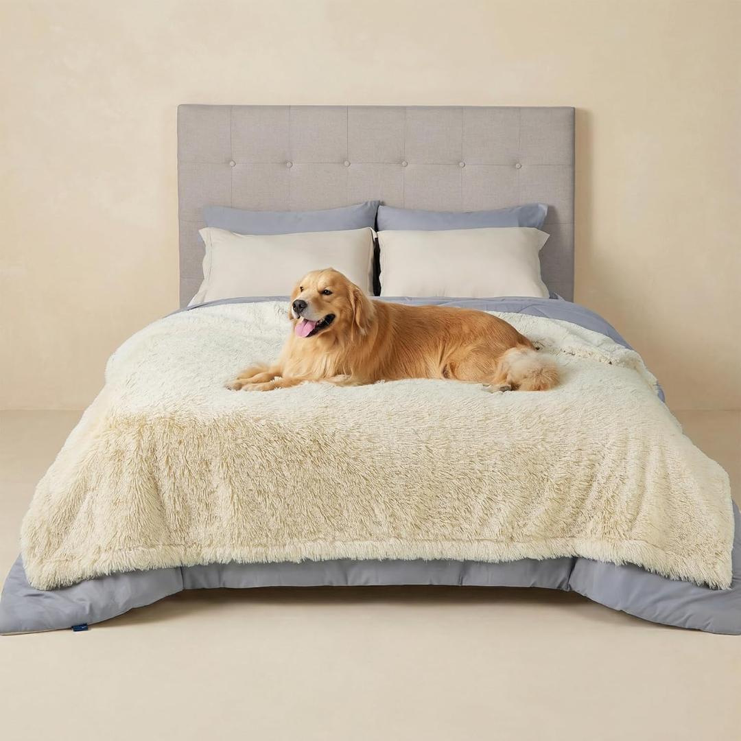 Bedsure Waterproof Dog Blankets for Large Dogs - Calming Cat Blanket for Bed Couch Protector Washable, Long Faux Fur Pet Throw Blanket for Puppy, Reversible Furniture Protection, 60"x80", Cream