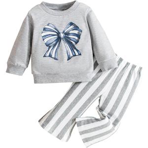 Baby Girl Clothes Long Sleeve Fall Outfits Toddler Sweatsuit Striped Flare Pants (12-18 Months, Grey)