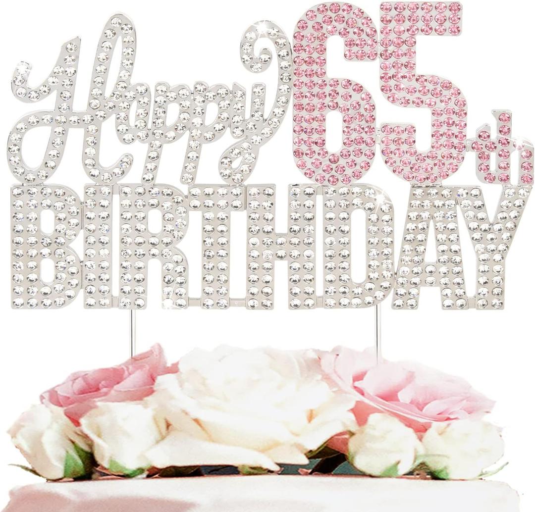 Happy 65th Birthday Silver & Pink Rhinestone Cake Topper - Cheers to 65 Years Old 65th Bday Metal Sparkly Cake Centerpieces Topper Decorations Sign.