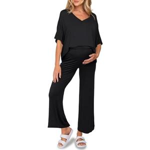 Tankaneo Womens Maternity Pajamas 2 Piece Lounge Set Soft Short Sleeve V Neck T-shirt Cropped Pants Pregnancy Loungewear XL