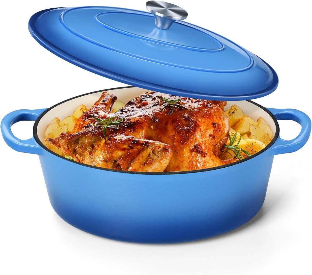 P&P CHEF Oval Dutch Oven with Lid, Enameled Cast Dutch Oven Pot for Bread Baking, Braising, Stewing, Roasting, Non-Stick & Oven Safe, Dual Handles & Easy Clean, 5QT & Blue