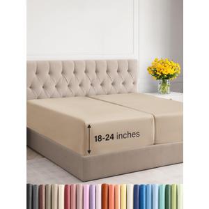 Extra Deep Split King Fitted Sheet - Hotel Luxury Single Fitted Sheet Only - Easily Fits 18 inch to 24 inch Mattress - Ultra Soft, Wrinkle & Fade Free w/Extra Deep Pocket - Breathable & Comfy - Cream