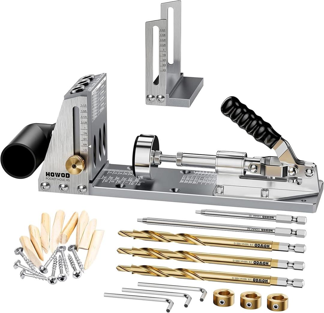 Pocket Hole Jig Kit, Professional Metal Pocket Screw Jig System with Detachable Vacuum Adapter, Sharp and Durable 3/8" Titanium Drill Bits (3-Pack, 2025 Upgraded), Fits 1/2" to 3-1/8" Thick Wood