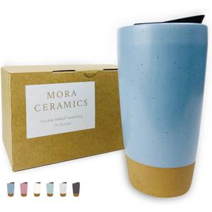 Mora Double Wall Ceramic Coffee Travel Mug with Lid, 14 oz, Portable, Microwave, Dishwasher Safe, Insulated Reusable Tall Cup, Splash Resistant Lid - To Go Tumbler for Car Cup Holder, Dusty Blue