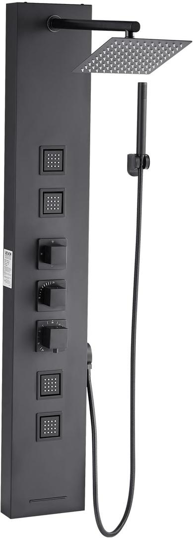 VEVOR Shower Panel Tower System with Rainfall Shower Head, 49 in Brushed Stainless Steel Shower Column, 4-Function Faucet, Wall-Mount Rain Massage System, with 4 Body Jets, Handheld, and Tub Spout