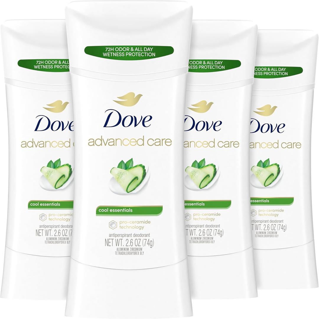 Dove Advanced Care Antiperspirant Deodorant Stick Cool Essentials 4 ct for helping your skin barrier repair after shaving 72 hour odor control and sweat protection with Pro Ceramide Technology 2.6 oz