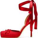 Riekhany Satin Ballet Heels for Women Closed Square Toe Bow Ballerina Heels Lace Up High Heel Slingback Pumps Strappy Stiletto Mary Janes Elegant Party Shoes 8