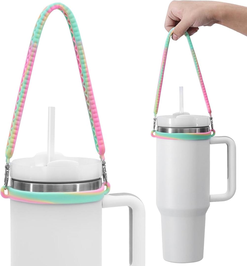 Dazhuocs Water Bottle Handle, Silicone Water Bottle Sling, Carrier, Holder with Strap, Fits Most 8-40oz Bottles Stanley Cup Accessories(Pink-Yellow-Green)