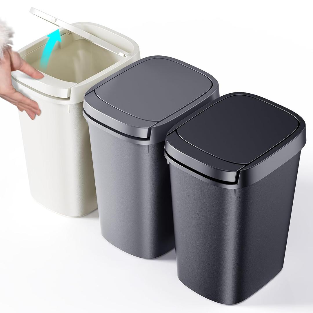 CEROELDA 3 Pack Bathroom Can with Lid, 10L/2.6 Gal Small Garbage Can with Press Top Lid, Slim Plastic Waste Basket for Toilet, Office, Bedroom