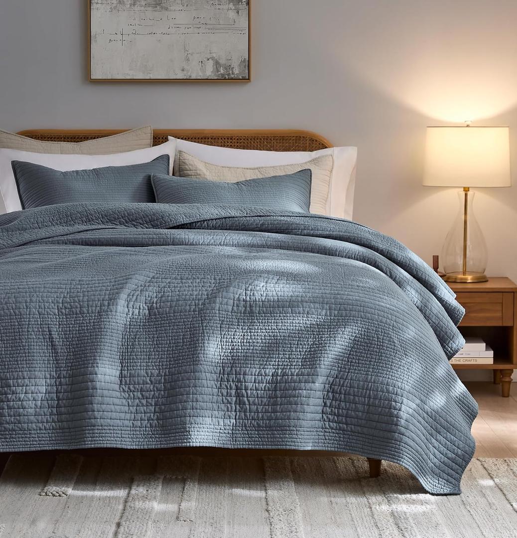 PALASSIO Striped Blue Grey 100% Cotton Quilt California Cal King Size Bedding Sets, Oversized Lightweight Channel Pick Stitch Textured Bedspread Soft Farmhouse Country Coverlet for All Season, 2 Shams