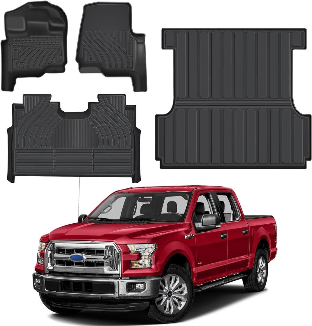 Floor Mats & 5.5ft Truck Bed Mat for Ford F-150/F150 SuperCrew Cab 2015-2025 (Not Fit Rear Seat with Under-Seat Fold Flat Storage), All Weather Rubber Mats for Ford F150 Accessories