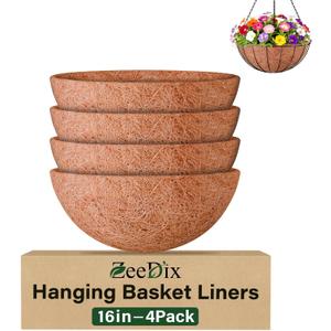 ZeeDix 4 Pack 16 Inch Coco Liners for Hanging Baskets, Round Coconut Liners for Planters Natural Coco Fiber Replacement Liner for Flowers Vegetables Patio Porch Garden Decor