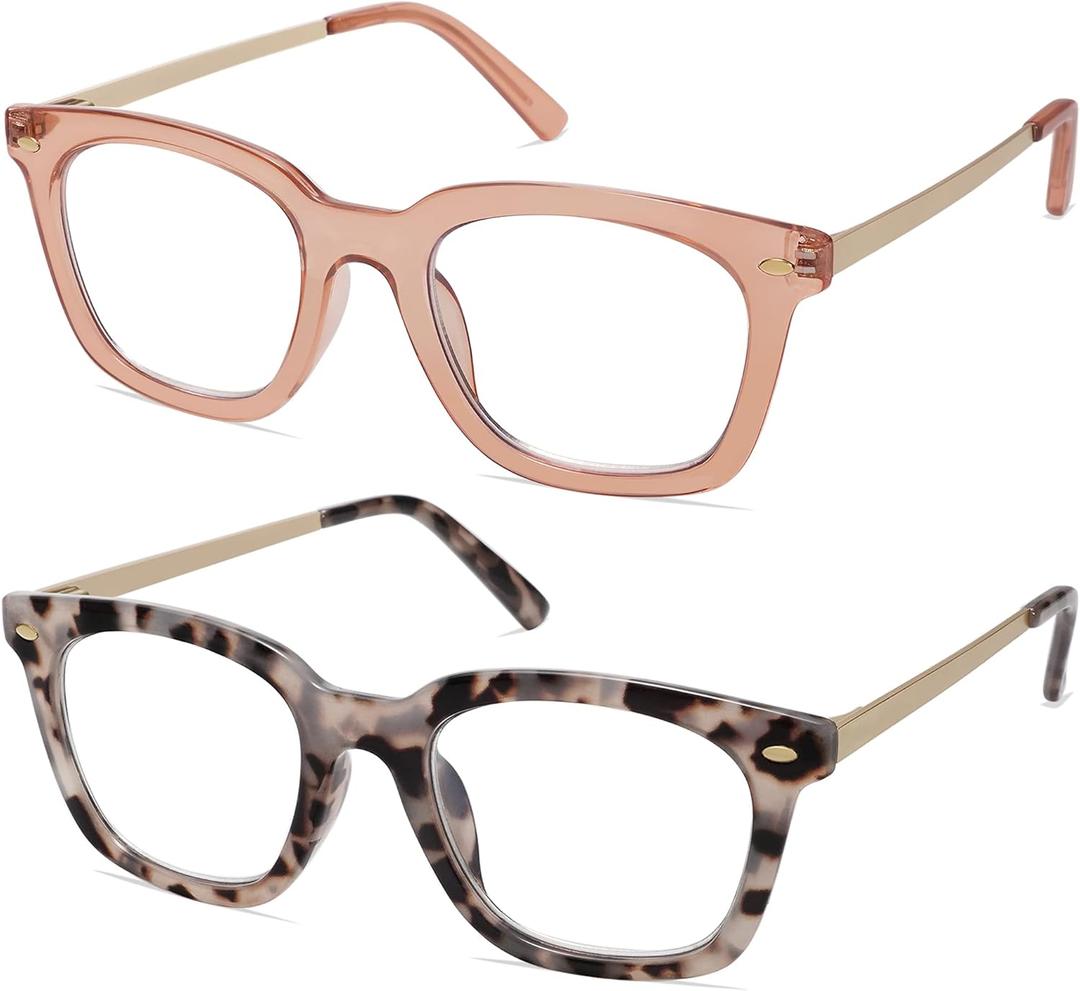 AMOMOMA Retro Square Blue Light Blocking Reading Glasses for Women Vintage Computer Prescription Readers AM6033 (C2 Transparent Brown+c3 Grey Tortoise)