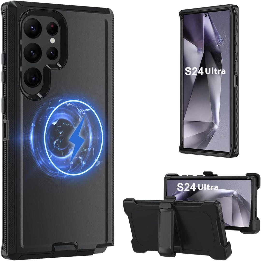 Magnetic Case for Galaxy S24 Ultra 5G case,Samsung S24 Ultra Heavy Duty case,[Military Grade Protective ],[Shockproof] [Dropproof] [Dust-Proof], (with Belt Clip,Black-MAG)