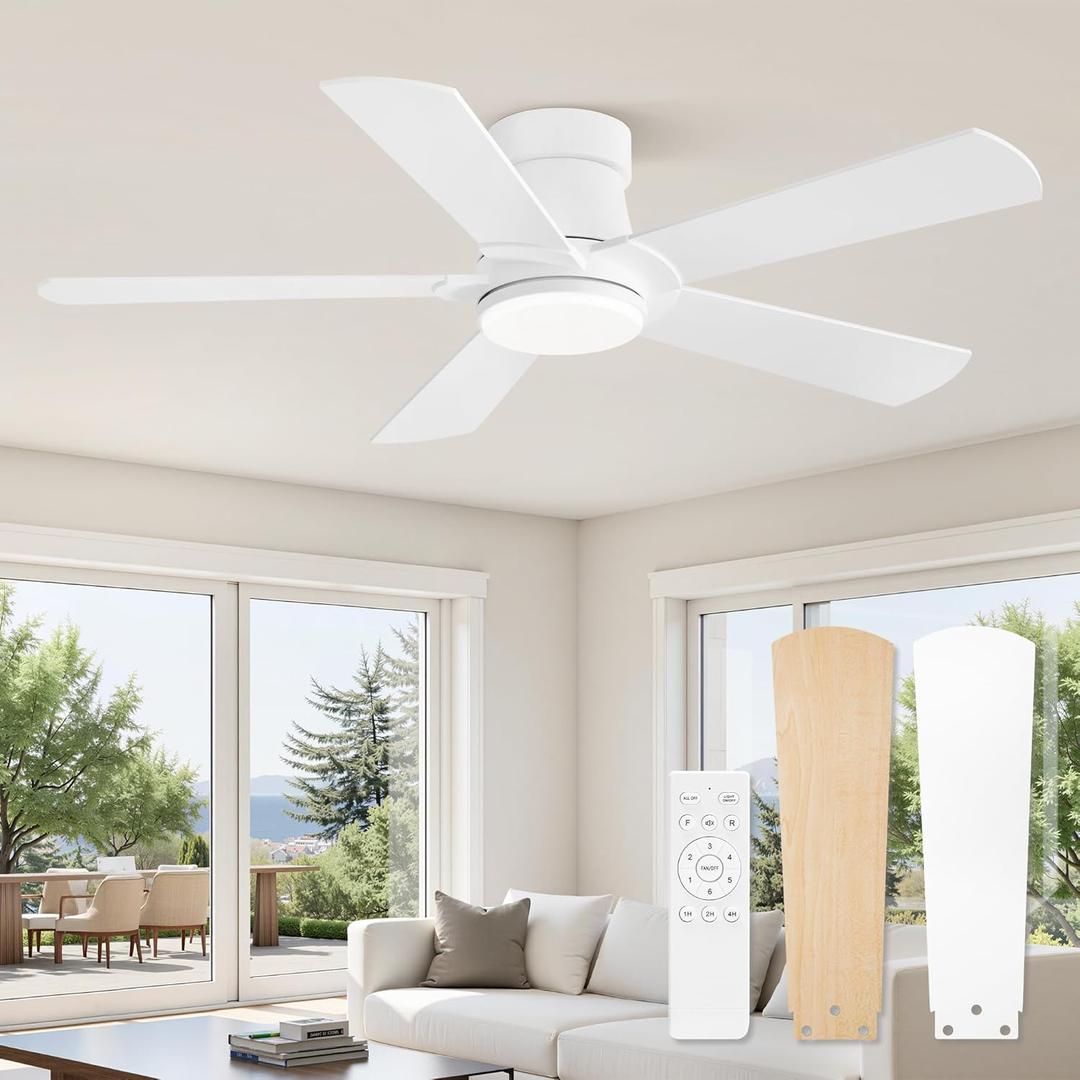 Fanbulous Ceiling Fans with Lights and Remote, 42 inch Low Profile Flush Mount Ceiling Fan,White Modern Ceiling Fan with LED Light for Bedroom Indoor Outdoor-5 Reversible blades, 3CCT, 6 Speeds, Timer