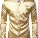 ZEROYAA Men's Luxury Shiny Silk Like Satin Button Up Dress Shirts (3X-Large, Champagne)