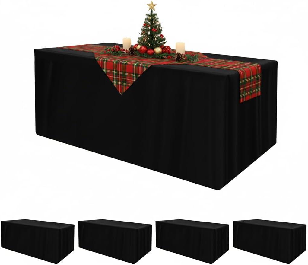 HolidayIdeas 4 Pcs Fitted Black Table Cloths for 6 Foot Rectangle Tables, Wrinkle Resistant Washable Table Covers 72x30 Inch for Vendor Booth Display, Banquet, Trade Show