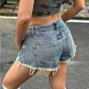 Women's Ripped Raw Hem Denim Shorts Retro Low Rise Jeans Shorts with Pockets (Blue)