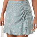 Vrtige Women's Boho Floral Print High Waist Drawstring Ruffle Hem Summer Mini Skirt (Blue, S)