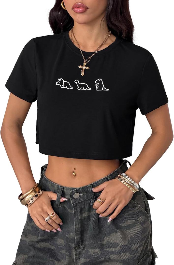 SweatyRocks Women's Casual Short Sleeve Crop Top Round Neck Tee Shirt (Black, M)