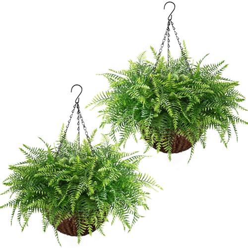 Waipfaru Fake Hanging Fern Plants Outdoor - 2 Pack UV Resistant Artificial Outdoor Hanging Plants, Realistic Faux Greenery Fern for Patio Front Porch Garden Home Decor