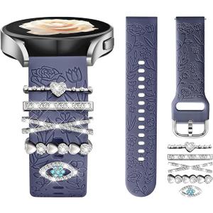 DaQin Flower Engraved Band Compatible with Samsung Galaxy Watch 7 Band/FE 6 5 4 40mm 44mm,Galaxy Active 2, 20mm Watch Band Soft Silicone Replacement Strap with Decorative Charms Accessories Women BlueGrayEye