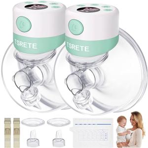 TSRETE Double Wearable Breast Pump, Electric Hands-Free Breast Pumps with 2 Modes, 9 Levels, LCD Display, Memory Function Rechargeable with Massage and Pumping Mode 24mm Flange-Green