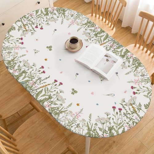 Horaldaily Spring Fitted Tablecloth 68 x 48 Inch Oval, Spring Wild Flowers Floral Beige Washable Table Cover Elastic Edged for Dinning, Picnic, Camping, Banquet