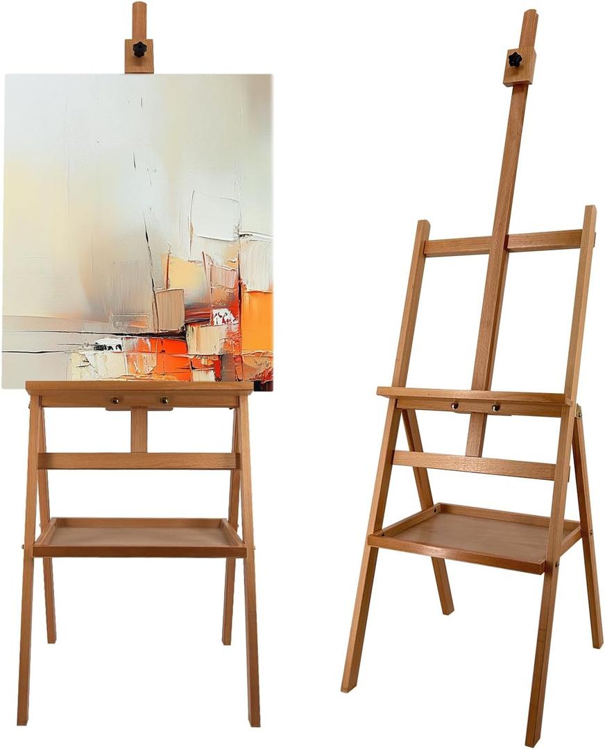 Solid Beech Wood Painting Easel with Storage Plate (60"~75" H), H-Frame Adjustable Art Wooden Easel Stand with Signature Plate for Adults, Students,Sturdy Canvas Holder up to 36''