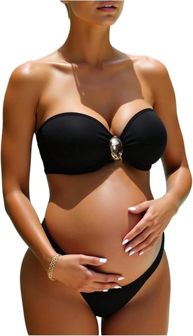 OYOANGLE Women's Maternity Bikini Set Pregnancy Bandeau Swimsuits Two Piece High Cut Strapless Bathing Suits, Black (L)