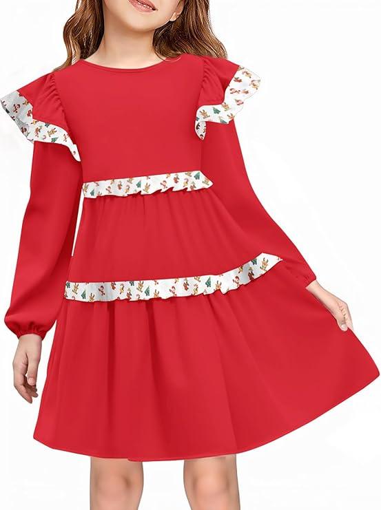 Haloumoning Girls Long Sleeve Dress Kids Ruffle Babydoll Dress Casual Party Swing Dresses, Size 140