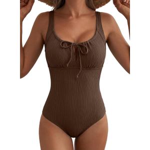 Aleumdr Womens Textured One Piece Swimsuit Tummy Control Bathing Suit Tie Knot Cutout Swimwear (Brown, M)