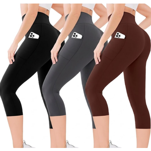 Blisset Women's High Waisted Capri Buttery Soft Tummy Control No See Through Workout Athletic Running Yoga Cycling (S-M, black/Gray/Brown)