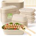 50-Pack 35oz Disposable Meal Prep Containers with Lids, Sugarcane Pulp Compostable Food Containers + 50 Bamboo Forks, To-Go Food Containers, Microwave & Freezer Safe for Hot or Cold Foods