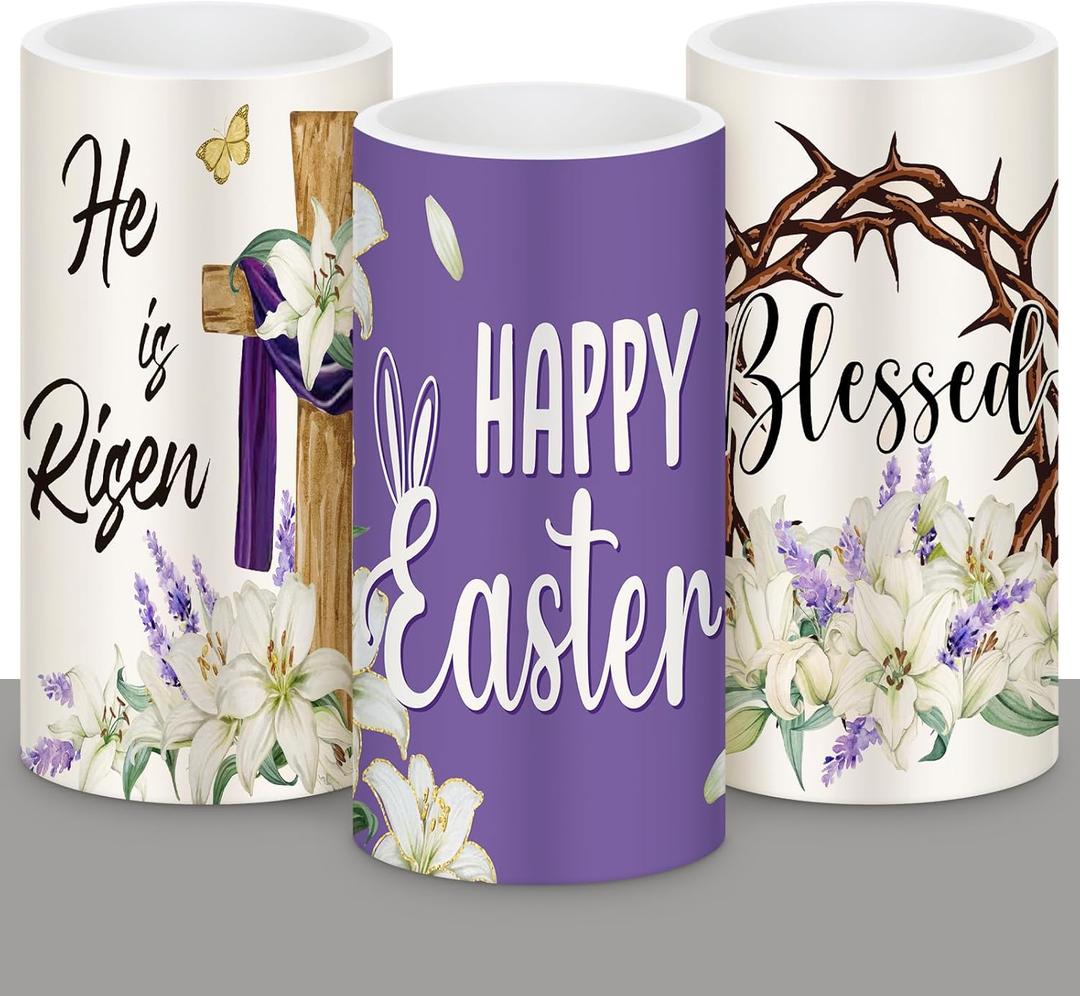 Retisee 3 Pcs He is Risen Easter LED Candles Cross Easter Flameless Candles Battery Operated with Remote Christian Bunny Flower Rabbit Spring Decor for Bedroom Living Room Decorative