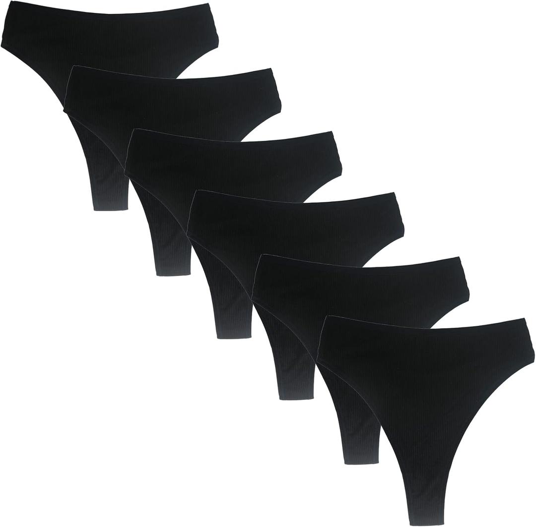 Amwounu High Waisted Thongs For Women Comfortable Breathable Athletics Underwear High Rise Cotton Panties, Size S, Black, Pack of 6