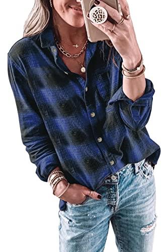 Wenrine Womens Long Sleeve Button Down Shirt Casual Plaid Flannel Shirt Collared Blouse Tops, Size XL