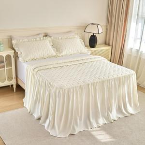 Ruffle Skirt Bedspread Set,3 Piece Bed Skirt Queen Size with 30-inch Extra Long Drop, Quilted French Country Farmhouse Bedding, Soft Microfiber Shabby Chic Bedspread with 2 Pillow Shams, Beige
