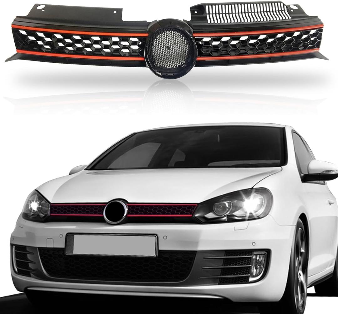 Front Upper Grill Black With Red Trim Grille Compatible With 2010 2011 2012 2013 2014 VW Volkswagen GTI Jetta Golf