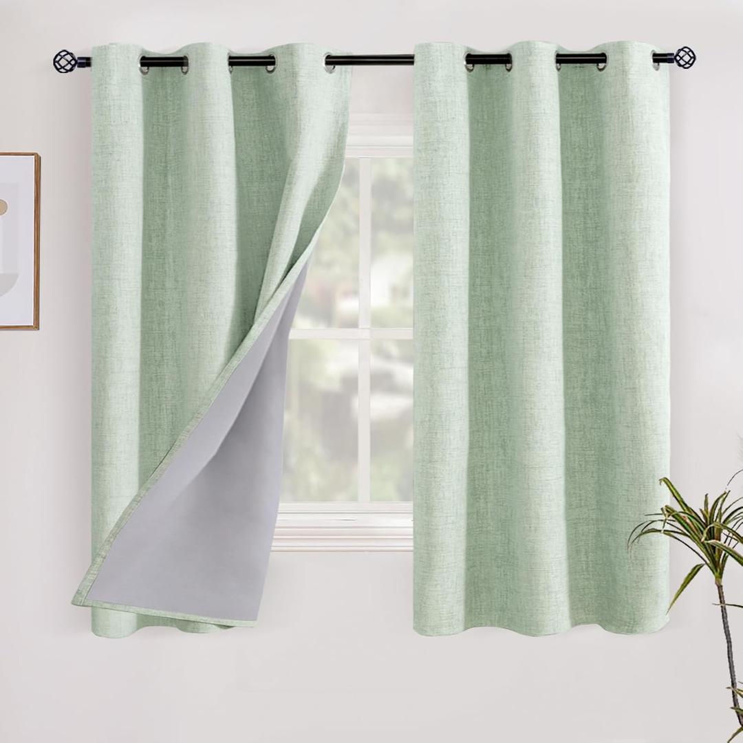 YoungsTex Sage Green Blackout Linen Kitchen Curtains, Short Thermal Insulated Black Out Drapes with Grommet for Bathroom Small Window, 2 Panels, 42 X 40 Inch