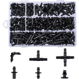 280 Pcs Barbed Connectors Irrigation Fittings Kit,Drip Irrigation Barbed Connectors 1/4''Tubing Fittings Kit for Flower Pot Garden Lawn(Straight Barbs,Single Barbs,Tees,Elbows,End Plug,4-Way Coupling)