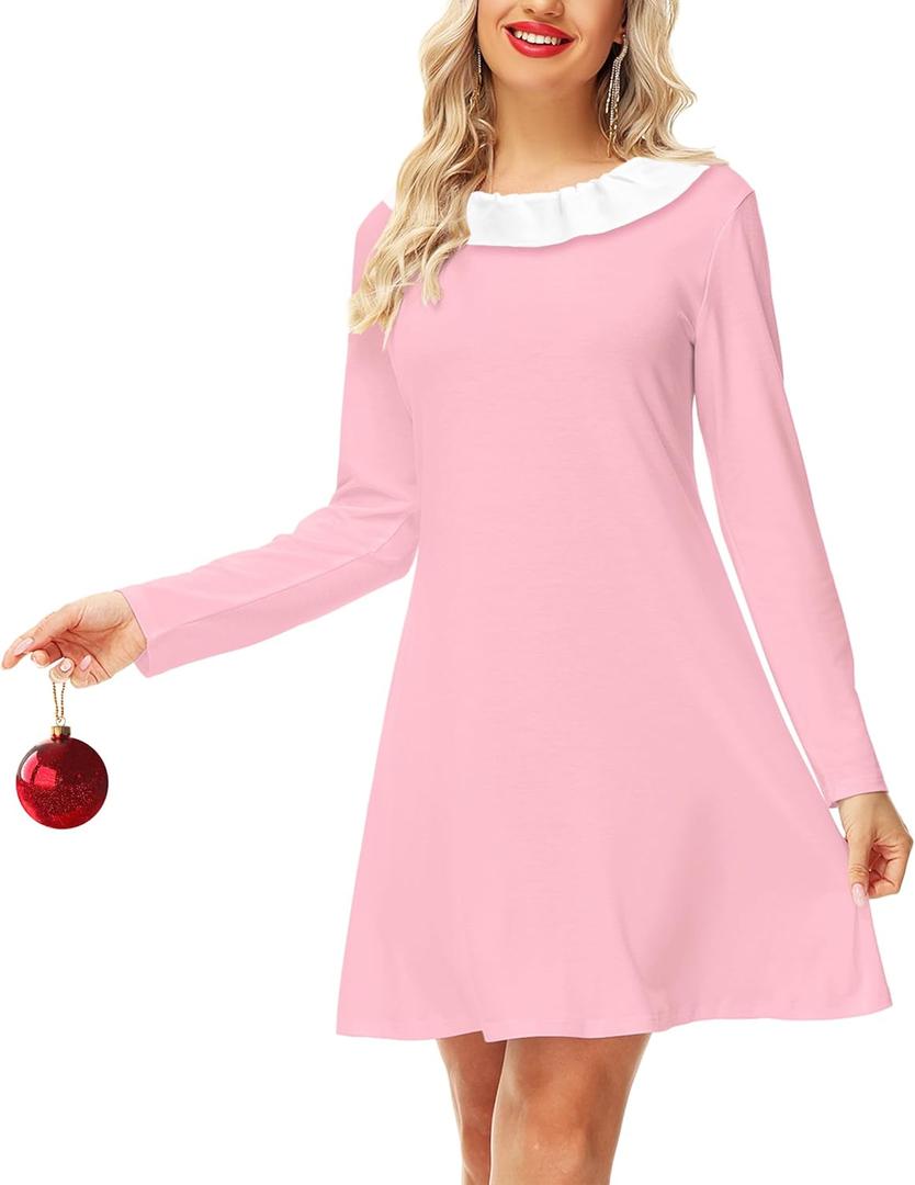 Remimi Christmas Women Pink Costume Dress Long Sleeve Xmas Dresses (Small)