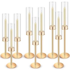 Yungyan 9 Pcs Gold Candlestick Holders Clear Glass Hurricane Candle Holder Bulk Vintage Candelabra Taper Tall Glass Hurricane Candle Cover for Christmas Wedding Table Centerpiece Decor