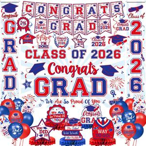 2026 Graduation Decorations - Red and Blue Graduation Decorations Set - Congrats Grad Banner & Backdrop, Porch Sign, Hanging Swirls, Balloons, Honeycomb Centerpieces for Congrats Grad Party Decorations