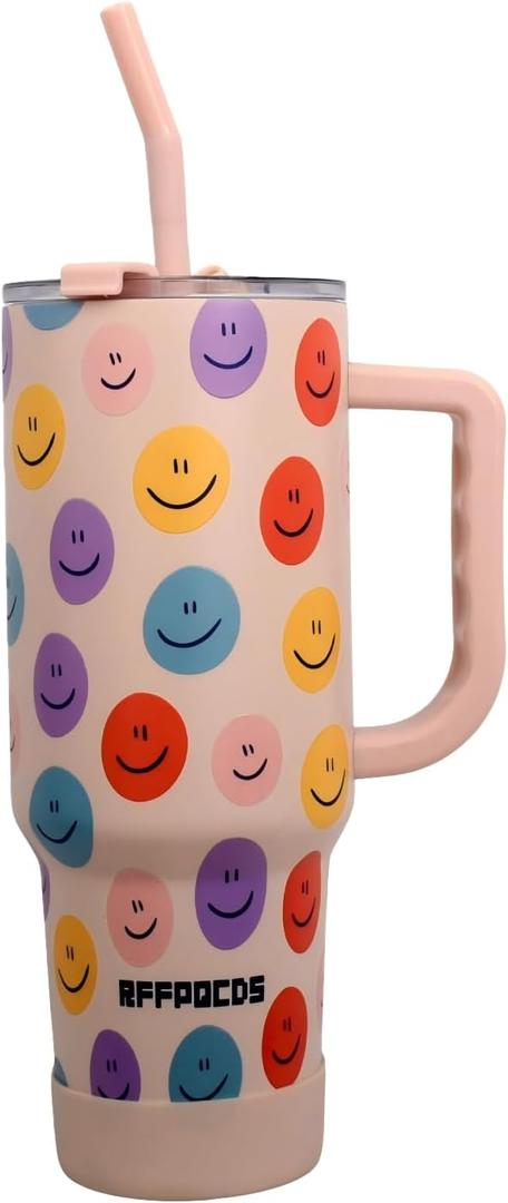 40 oz Leak-Proof Stainless Steel Insulated Tumbler with Smiley Face - Dual Drinking Lid & Portable Handle for Hot or Cold Drinks